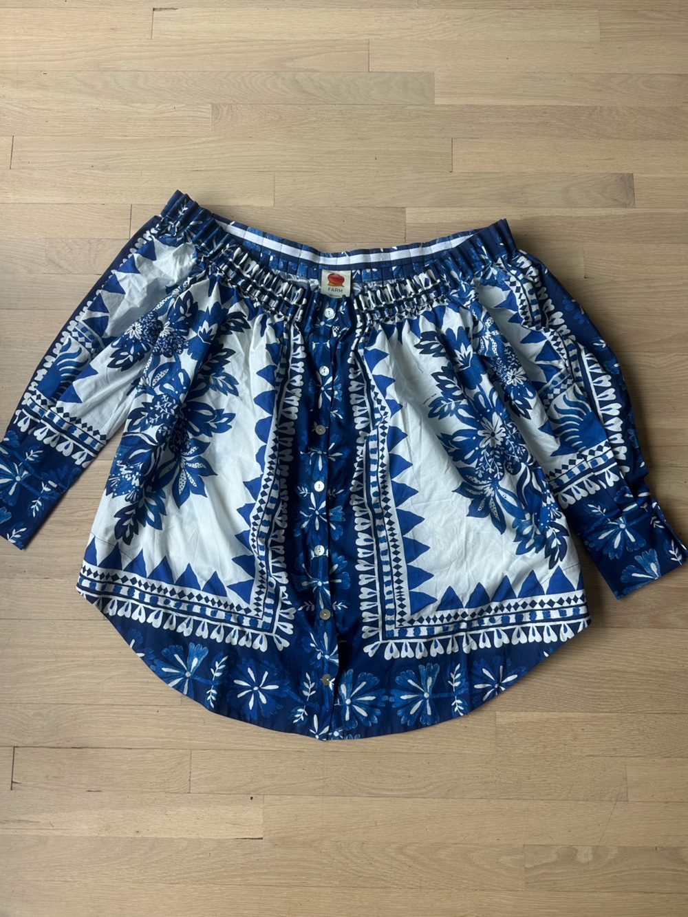 FARM Rio Blue and White Off‑Shoulder Printed Tunic